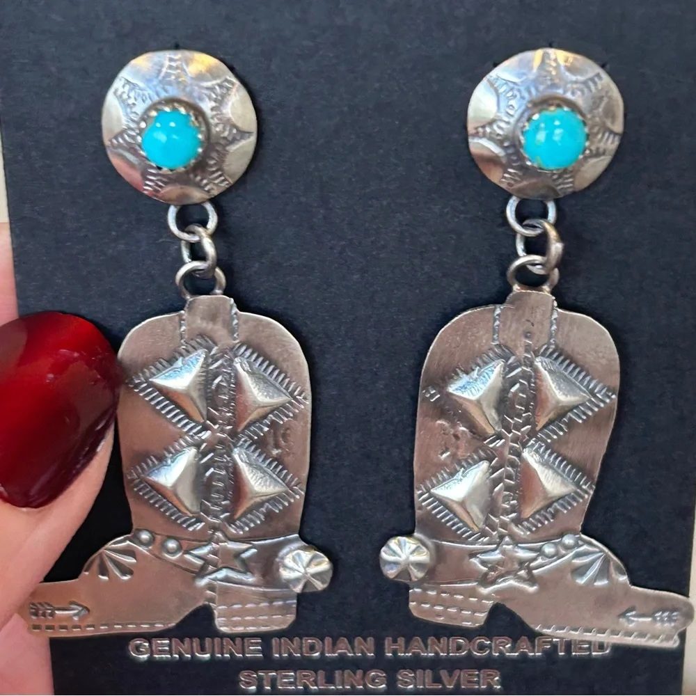 Tim Yazzie Signed Sterling Silver & Kingman Turquoise Boot Dangle Earrings